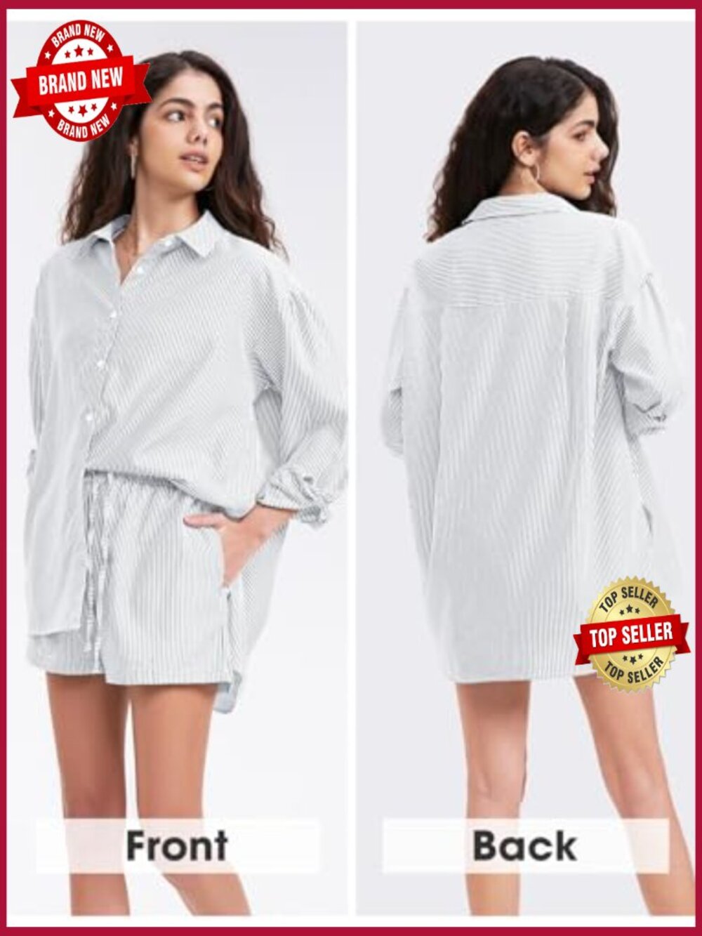 Women's Long Sleeve Button Down Shirt & Short Set Summer Two Piece - Picture 3 of 7